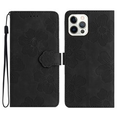 For iPhone 16 Pro Max Case Blooming Floral Flip Leather Phone Cover - Black