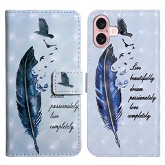 For iPhone 16 Plus Case Stand Card Holder Leather Phone Cover 3D Creative Pattern Design - Blue Feather