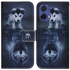 For Motorola Moto G85 5G / S50 Neo 5G Case Pattern Printing Leather Phone Cover Card Holder Stand - Dog and Wolf