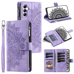 Style 006 For Samsung Galaxy S24 FE Phone Stand Case Mandala Flower Pattern PU Leather Zipper Wallet Phone Cover - Purple