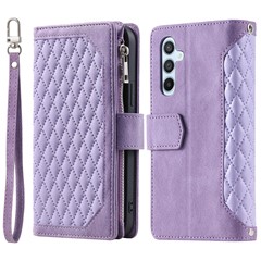 Style 005 For Samsung Galaxy S24 FE Mobile Phone Case Rhombus Stitching Line PU Leather Zipper Pocket Phone Cover - Purple