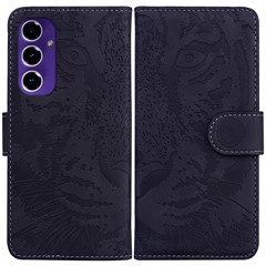 For Samsung Galaxy S24 FE Mobile Phone Stand Case PU Leather Wallet Phone Cover with Imprinted Tiger - Black