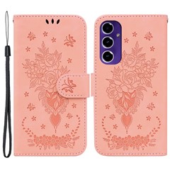 Wallet Phone Stand Case for Samsung Galaxy S24 FE PU Leather + TPU Phone Cover with Butterfly Flower Imprinted Pattern - Pink