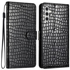 For Samsung Galaxy S24 FE Case Wallet PU Leather Phone Cover Crocodile Texture - Black