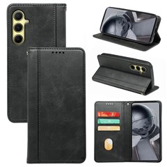 For Samsung Galaxy S24 FE Case Hidden Magnetic Closure Calf Texture Leather Phone Cover - Black