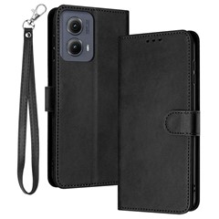 For Motorola Edge (2024) 5G Case PU Leather Flip Protective Cover with Wrist Strap - Black