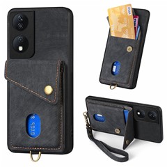 D1 For Honor X7b 4G / 90 Smart Case Leather + TPU Retro Phone Cover Handbag Card Holder - Black