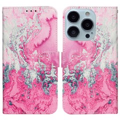 For iPhone 16 Pro Max Case Leather Pattern Design Flip Wallet Phone Cover - Pink Seawater Marble
