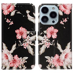 For iPhone 16 Pro Case Pattern Leather Phone Cover with Card Slots Holder - Rhododendron