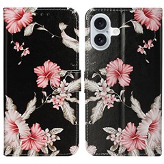 For iPhone 16 Plus Case Shockproof Leather Wallet Phone Cover Pattern Printing - Rhododendron