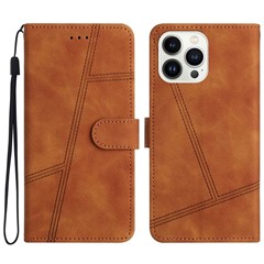 For iPhone 16 Pro Max Case Lines Imprinted PU Leather Wallet Phone Folio Cover - Brown