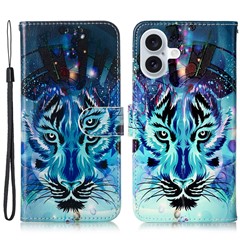 For iPhone 16 Case Leather Card Slot Holder Flip Phone Cover Pattern Printing - Wolf