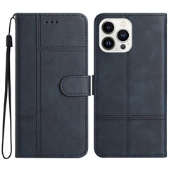 For iPhone 16 Pro Case Viewing Stand PU Leather Phone Cover Line Imprinted - Blue