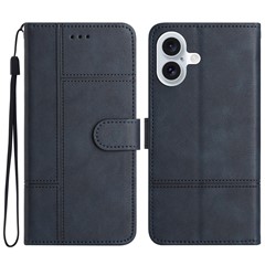 For iPhone 16 Case PU Leather Phone Cover Card Slots Wrist Strap Line Pattern - Blue