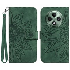 HT04 For Oppo Reno12 F 5G Case Sunflower Flip Leather Phone Cover with Hand Strap - Dark Green
