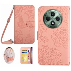 HT03 For Oppo Reno12 F 5G Case Butterfly Flowers PU Leather Crossbody Phone Cover - Pink