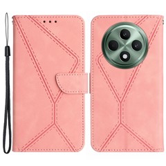 HT05 For Oppo Reno12 F 5G Case Splicing Lines PU Leather Flip Phone Cover - Pink