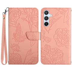HT03 For Samsung Galaxy M35 5G Case PU Leather Butterfly Flower Phone Cover - Pink