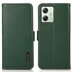 KHAZNEH For Motorola Moto G64 5G Phone Case RFID Blocking Genuine Cow Leather Flip Cover - Green