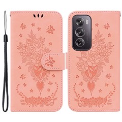 For Oppo Reno12 Pro 5G (Global) Wallet Case PU Leather Phone Cover Butterfly Flower Imprint - Pink