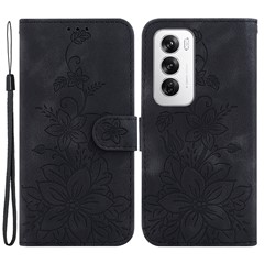For Oppo Reno12 5G (Global) Case Lily Flower Imprint Leather Stand Phone Cover - Black