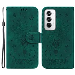 For Oppo Reno12 5G (Global) Wallet Phone Case Butterfly Flower Imprint PU Leather Cover - Green