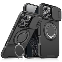 For iPhone 16 Pro Max Magnetic Case Kickstand TPU+PC Phone Case with Camera Lens Slide Cover - Black