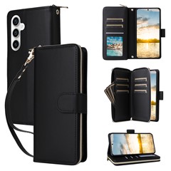 R20 For Samsung Galaxy S23 FE Case Leather Zipper Phone Cover with 9 Card Slots - Black