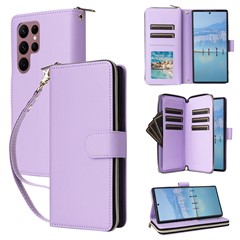 R20 For Samsung Galaxy S22 Ultra 5G Leather Case Zipper Pocket Stand Phone Cover - Light Purple