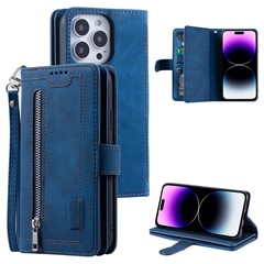 For iPhone 16 Pro Max Case Zipper Pocket 9 Card Slots PU Leather Phone Cover - Blue