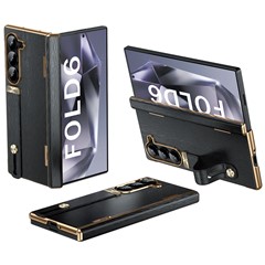 For Samsung Galaxy Z Fold6 5G Case Wrist Band Hinge Protection Leather+PC Phone Cover - Black