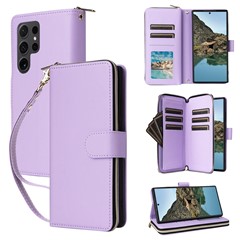 R20 For Samsung Galaxy S24 Ultra Case PU Leather Zipper Pocket Phone Cover - Light Purple