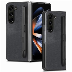 For Samsung Galaxy Z Fold6 5G Case Retro PU Leather+PC Cover with Pen Slot - Black