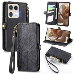 For Motorola Edge 50 Ultra 5G / Moto X50 Ultra 5G Zipper Wallet Case Geometry Lines Leather Phone Cover with Strap - Black