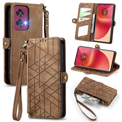 For Motorola Edge 50 Fusion 5G Zipper Wallet Case Geometry Lines Leather Phone Cover with Strap - Brown