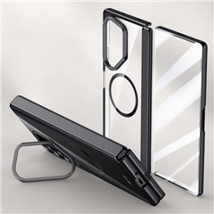 For Samsung Galaxy Z Fold6 5G Clear Case PC+Acrylic Kickstand Magnetic Phone Cover with Screen Film - Black
