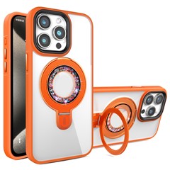For iPhone 13 Pro Max Magnetic Case PC+TPU Phone Cover with Rhinestone Ring Kickstand - Orange