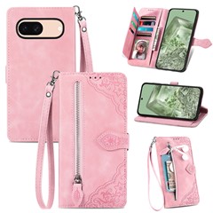 For Google Pixel 8a Zipper Wallet Case with Strap Flower Imprint PU Leather Phone Cover - Pink
