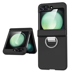 For Samsung Galaxy Z Flip5 5G Case Ring Holder Hard PC Phone Cover with Hinge Design - Black