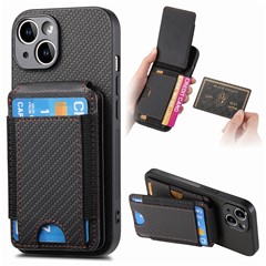 C1-12 For iPhone 14 Case Card Slots Kickstand Leather Carbon Fiber Texture Back Cover - Black