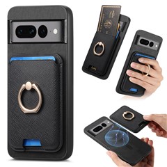 For Google Pixel 7 Pro 5G Magnetic Phone Case with Detachable Ring Holder Card Bag - Black