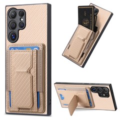 For Samsung Galaxy S24 Ultra Case with Card Holder Kickstand Fiber Pattern Leather Back Cover - Beige