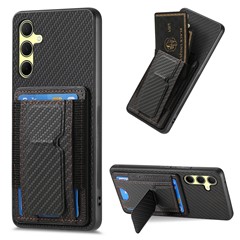 For Samsung Galaxy A35 5G Case with Card Holder Kickstand Fiber Pattern Leather Back Cover - Black