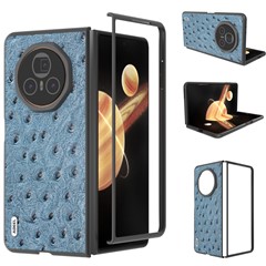 ABEEL For Honor Magic V3 5G Case Ostrich Texture Genuine Cow Leather Hard PC Phone Cover - Blue