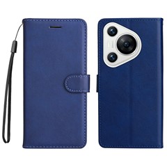 For Huawei Pura 70 Case Solid Color Leather Mobile Cover Wallet Stand with Strap - Blue