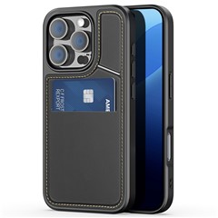 DUX DUCIS Rafi II Series for iPhone 16 Pro Magnetic Case Kickstand Card Slots Leather+TPU Phone Cover - Black