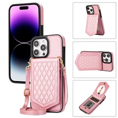 For iPhone 16 Pro Max Case RFID Blocking Hidden Mirror TPU+PU Phone Cover - Rose Gold