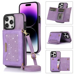 For iPhone 16 Pro Case Wallet RFID Blocking TPU Leather Phone Cover with Lanyard - Purple