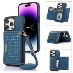 For iPhone 16 Pro Max Kickstand Case with Lanyard TPU Leather Wallet Phone Cover RFID Blocking - Blue