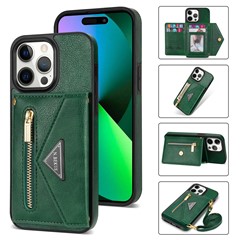 N.BEKUS For iPhone 16 Pro Case Card Slot Zipper Wallet Leather Phone Cover with Shoulder Strap - Green